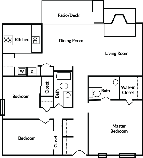 Floor plan for 3 beds, 2 baths, 1600 sqft